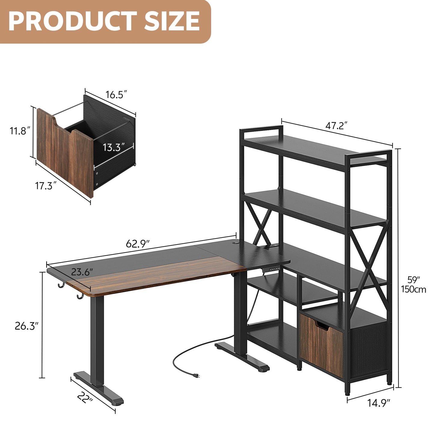 Homiflex 77.8 Inches L Shaped Standing Desk Corner Desk with Hutch Electric Height Adjustable Desk with Storage Shelves File Drawer Power Outlets Reversible Computer Gaming Desk for Home Office Black