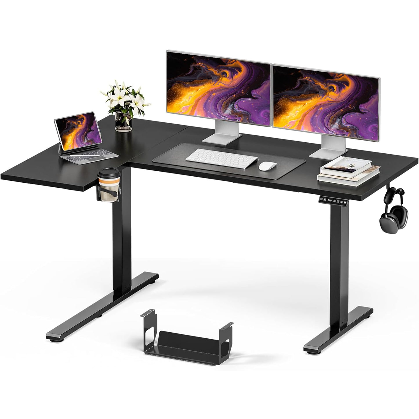 Muvai 59 Inch L Shaped Standing Desk Adjustable Height with Cable Management Tray,Gaming Electric Corner Standing Desk, Sit Stand Computer Table with Reversiable Splice Board, Black