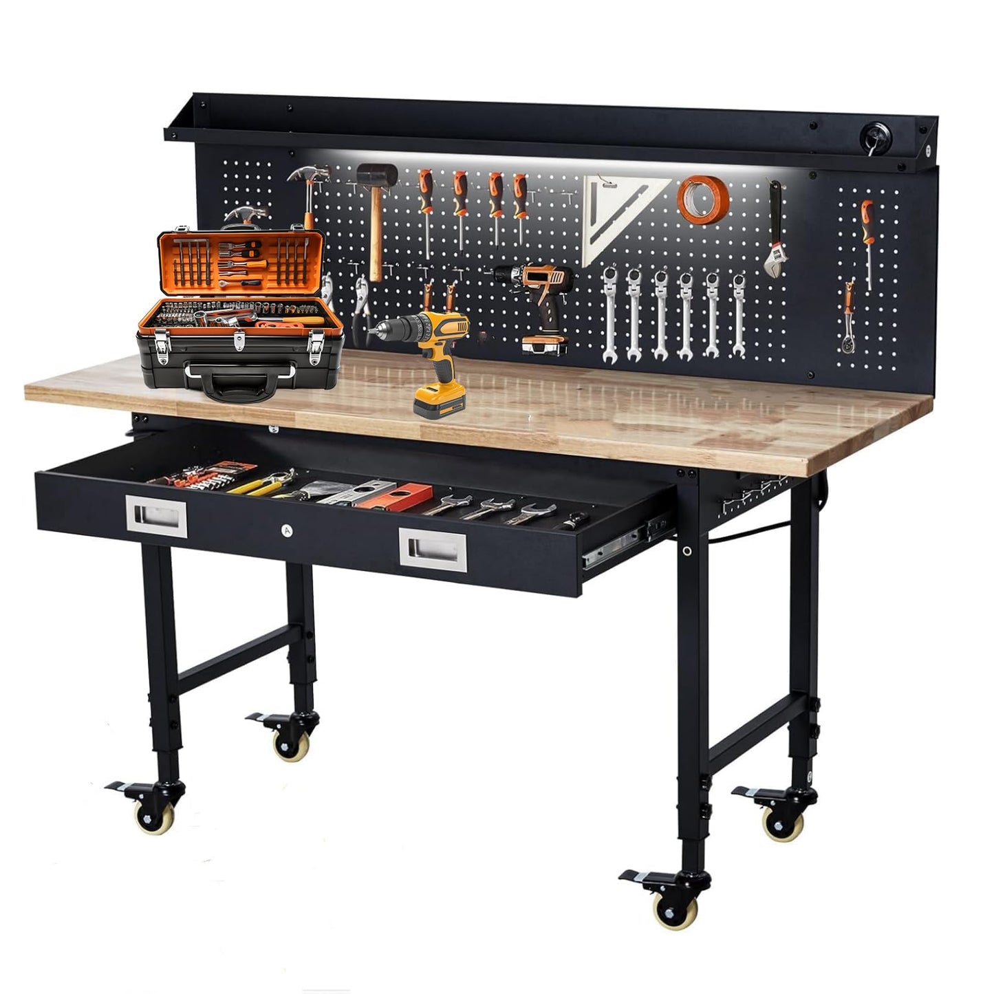 60''x22'' Adjustable Rolling Workbench, Heavy Duty Work Bench with Power Outlets, Lights, Storage Drawer, Pedboard, 30 Hooks, Wooden Tool Bench for Garage, Workshop