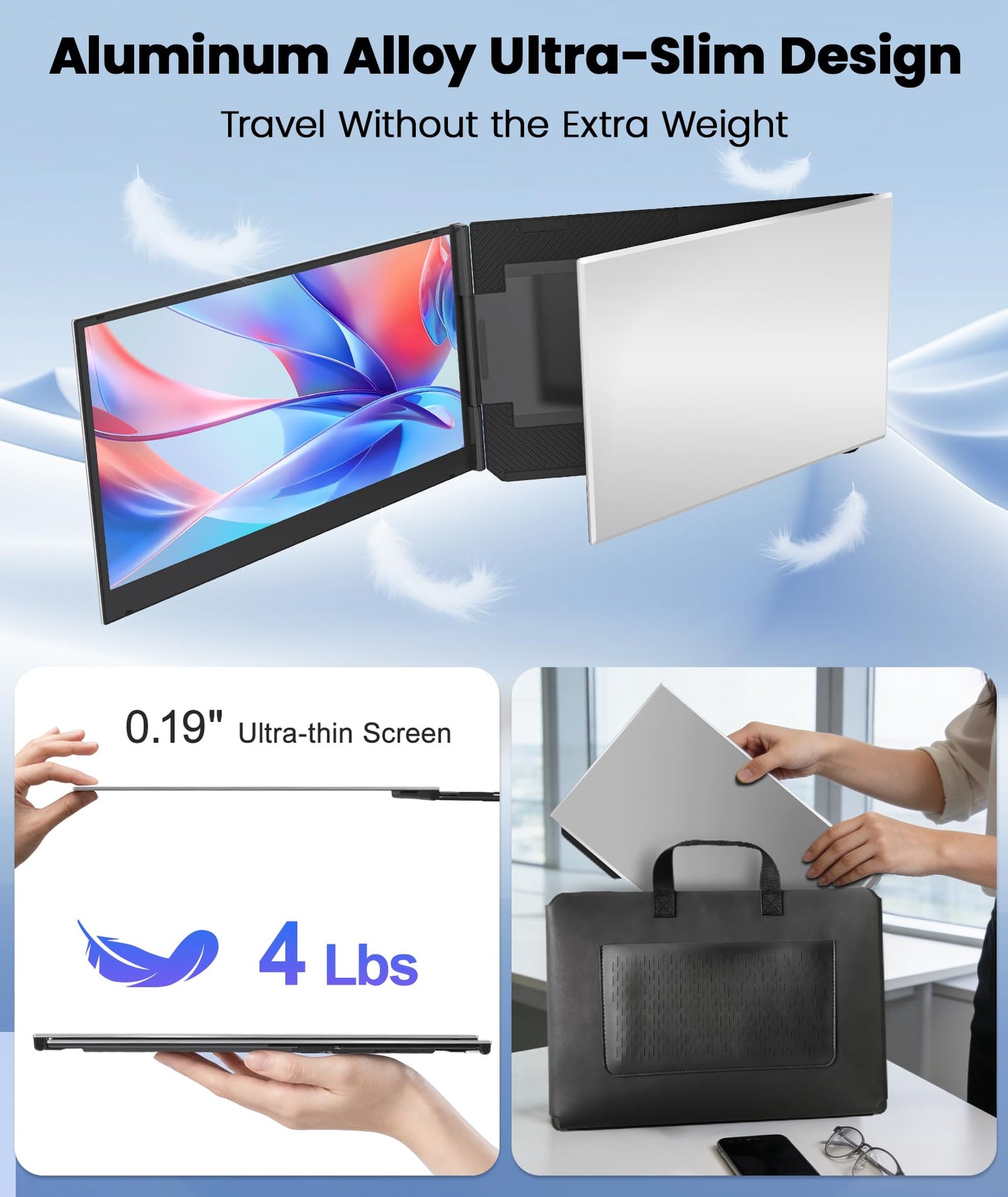 Rizpak One Cable Laptop Screen Extender, 15.6” Ultra-Slim Triple Portable Monitor, 1080P FHD IPS Display, USB-C/A Connection, Travel Monitor for 13–17.3" Laptops, Mac/Windows/Android (Driver Required)