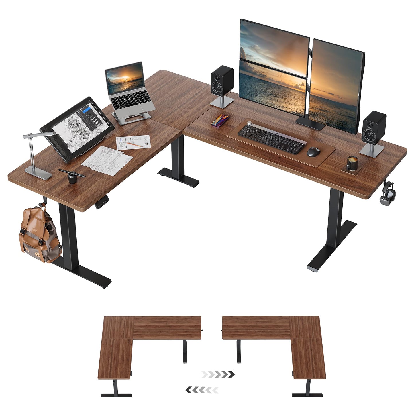 BANTI L-Shaped Standing Desk - 75 x 63 Inch Adjustable Corner Standing Desk with Charging Station - L Shape Sit Stand Table with Memory Controller, Splice Board for Home Office, Black Walnut
