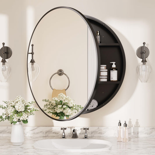 TETOTE 24 x 24 Inch Medicine Cabinet Mirror Black Framed Round Mirrored Medicine Cabinets for Bathroom Adjustable Shelves Modern Bathroom Mirror with Storage Wall Mounted