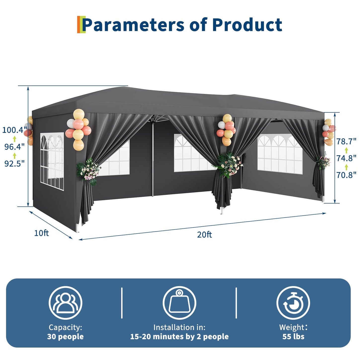 GarveeTech 10x20 FT Pop Up Canopy Tent with 6 Removable Sidewalls, Reinforced Waterproof Outdoor Gazebo, 3 Height Adjustable Party Tent for Wedding, Market, Backyard Events, Includes Carry Bag