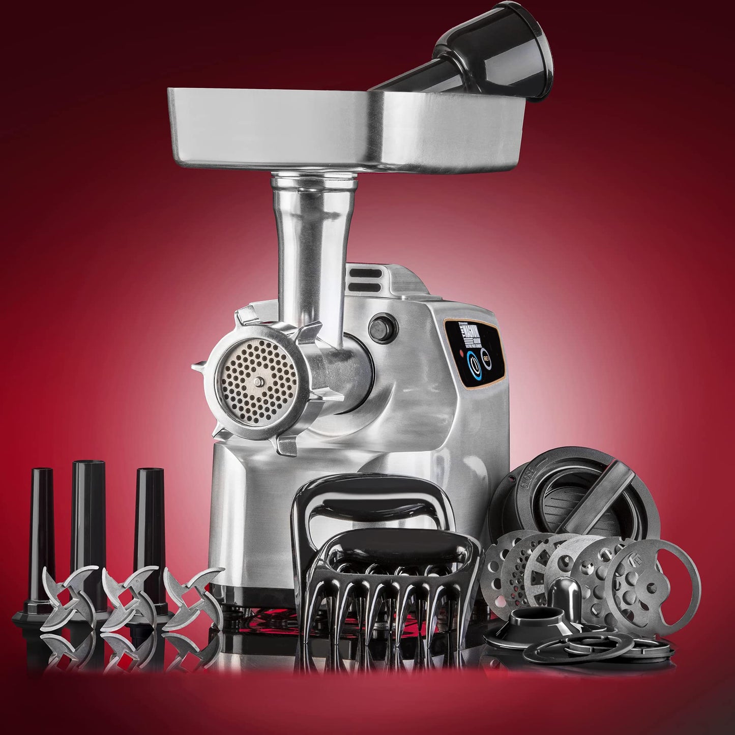 STX International Magnum 1800W Electric Meat Grinder | Grinds Soft Bones | High-Capacity Meat Tray | 6 Grinding Plates | 3 Stainless Steel Blades | Sausage Stuffer | Kubbe Maker & More Included
