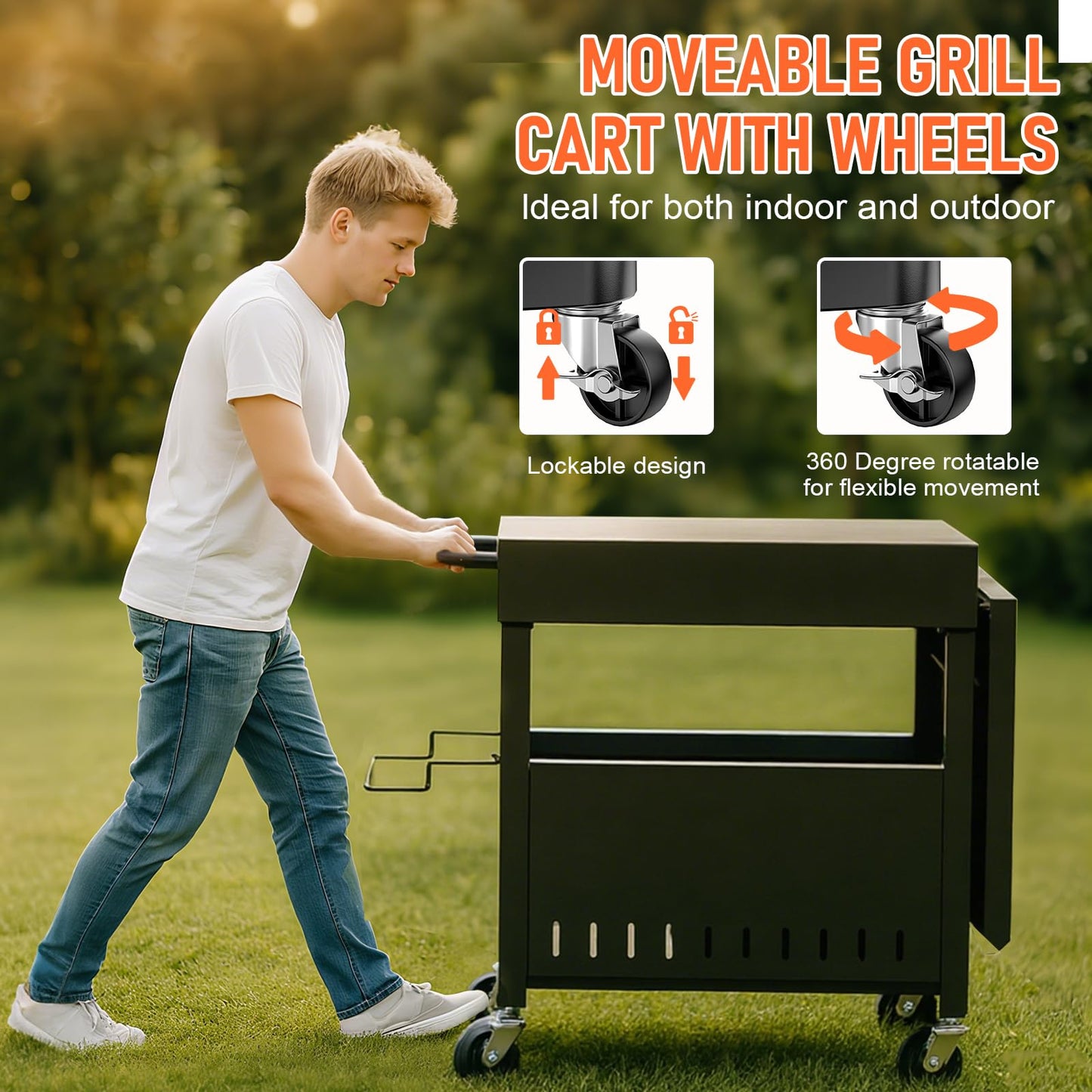 BBQMall Outdoor Grill Table Cart for Blackstone 28"/36" Omnivore Griddle, 50" x 22“ Large Outdoor Kitchen Island with Foldable Side Table for Blackstone 17”/22” Griddle, Home BBQ, Tailgates, Cookouts