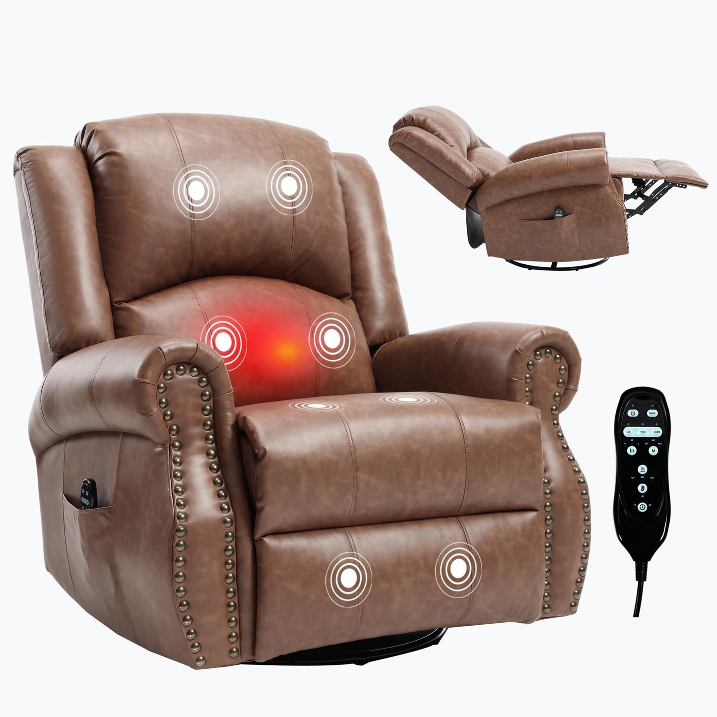 GDFStudio Heat Massage Swivel Rocker Recliner Chair, Manual Fabric Recliner with 360° Swivel, Rocking Function, Lumbar Heat and 8-Point Massage, Overstuffed Living Room Reclining Chair, Yellow Brown