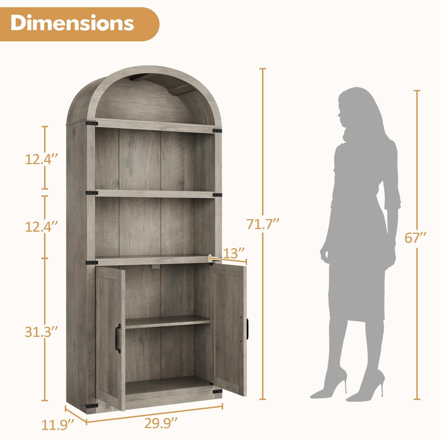 GarveeHome Bookcase with Doors Arched Bookshelf 71.65 in Tall Bookcase Farmhouse Cabinet with Shelves Wooden Bookshelves for Home Office, Living Room (Grey)