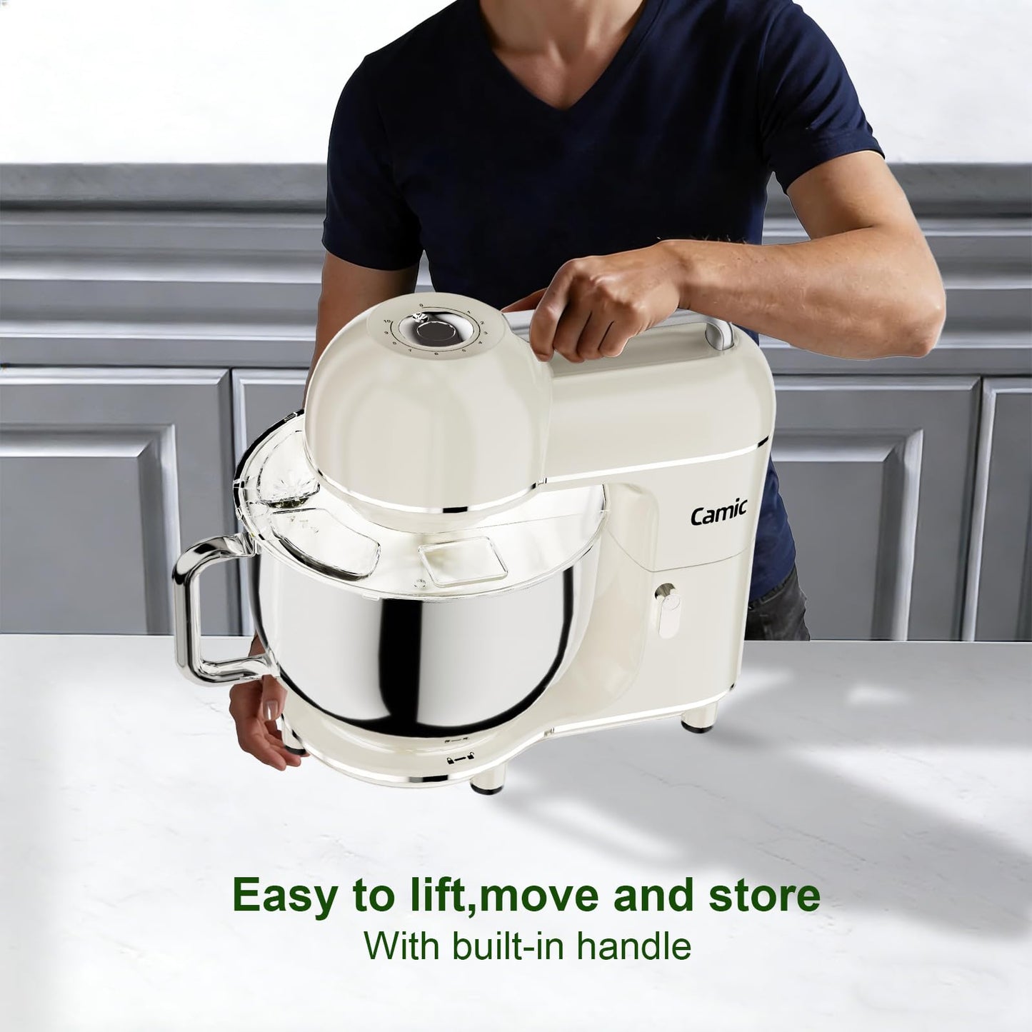 Camic Electric Stand Mixer,7.45 QT,10 Speeds with Dough Hook,Whisk, Flat Beater Attachments, Splash Guard, Easy-Carry Top Handle,3-IN-1 Kitchen Mixer for Baking Cakes Cookie Bread Salad (White)
