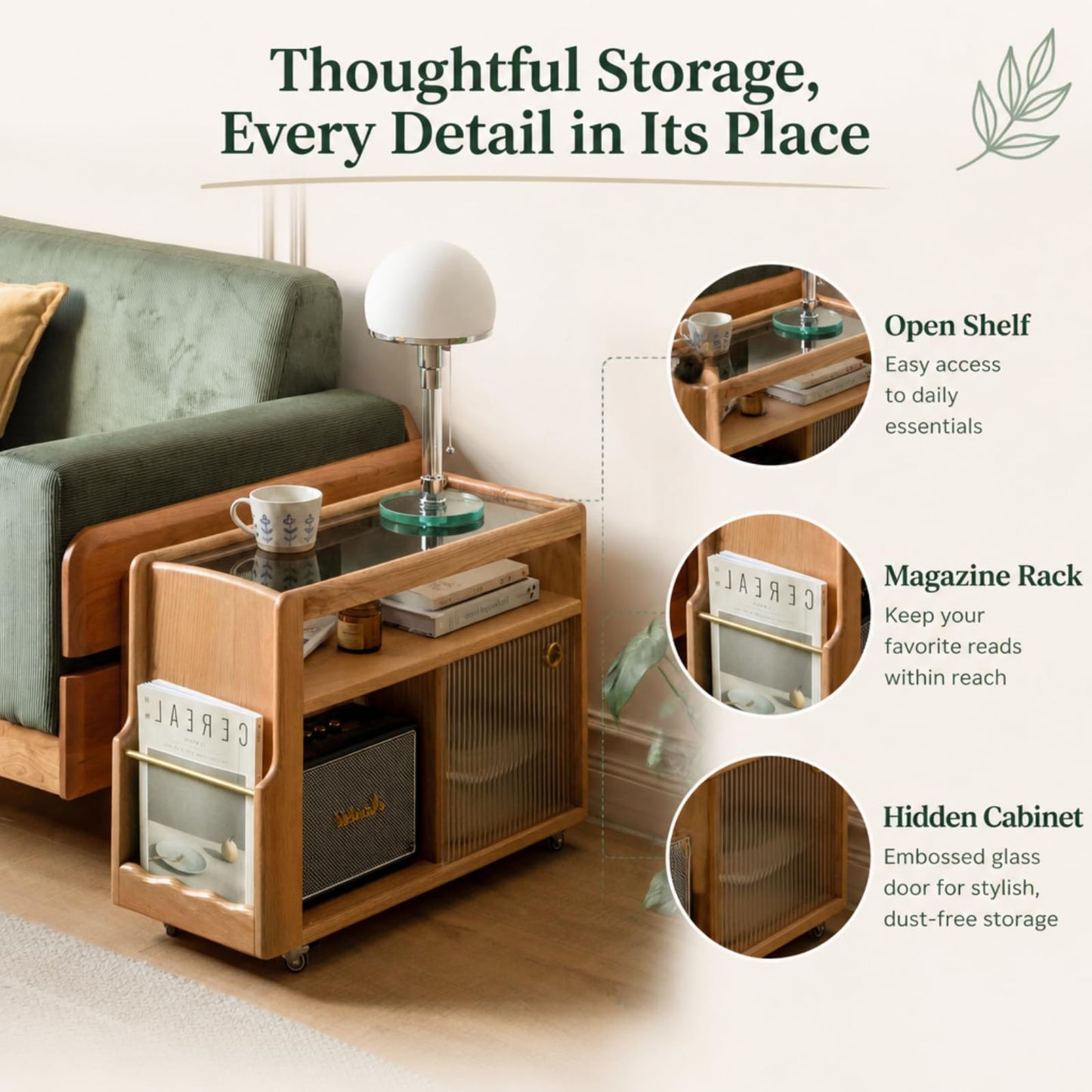 Wayshome Solid Wood Narrow Side Table with Storage, End Table with Magazine Rack & Glass Door Cabinet, Small Couch Side Table for Living Room, Slim Nightstand for Bedroom, No Assembly