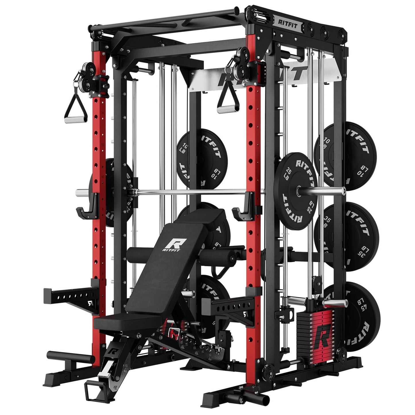 RitFit M2 Smith Machine with Cable Crossover System, 3D Functional Trainer & Power Cage, 16 Adjustment Holes, 6 Storage Pegs for Full-Body Home Gym(M2 PRO-3D Red with BP230)