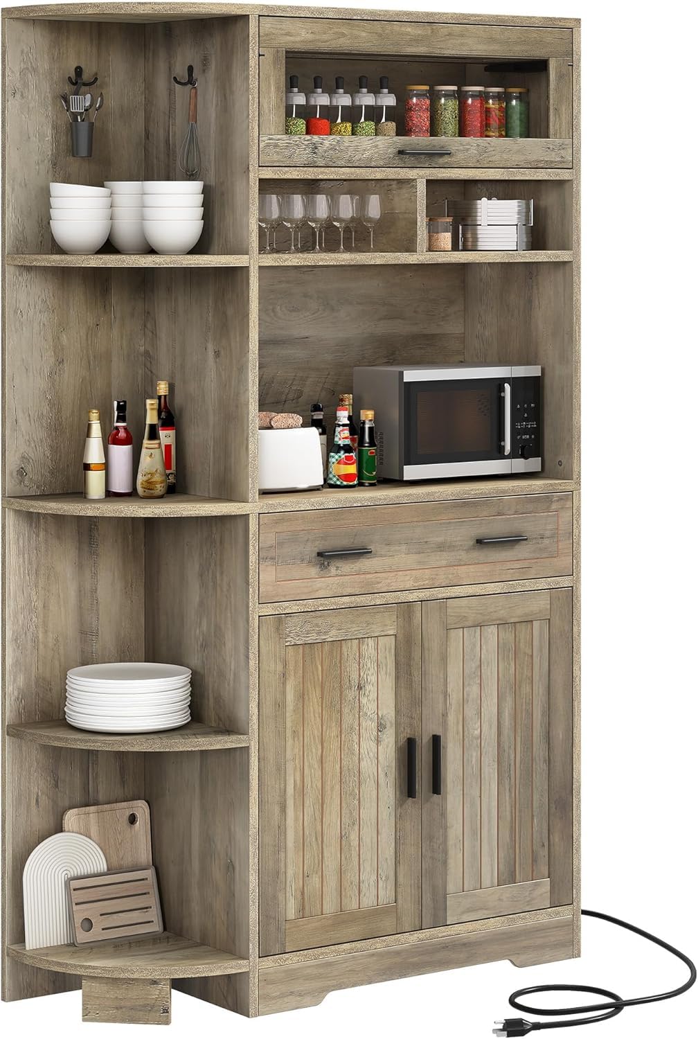 YITAHOME Kitchen Pantry Storage Cabinet, 67" Tall Kitchen Hutch with Outlet & Door & Shelves & Drawer, Farmhouse Wooden Microwave Stand Buffet Coffee Bar for Home Living Dining Room, Antique Gray
