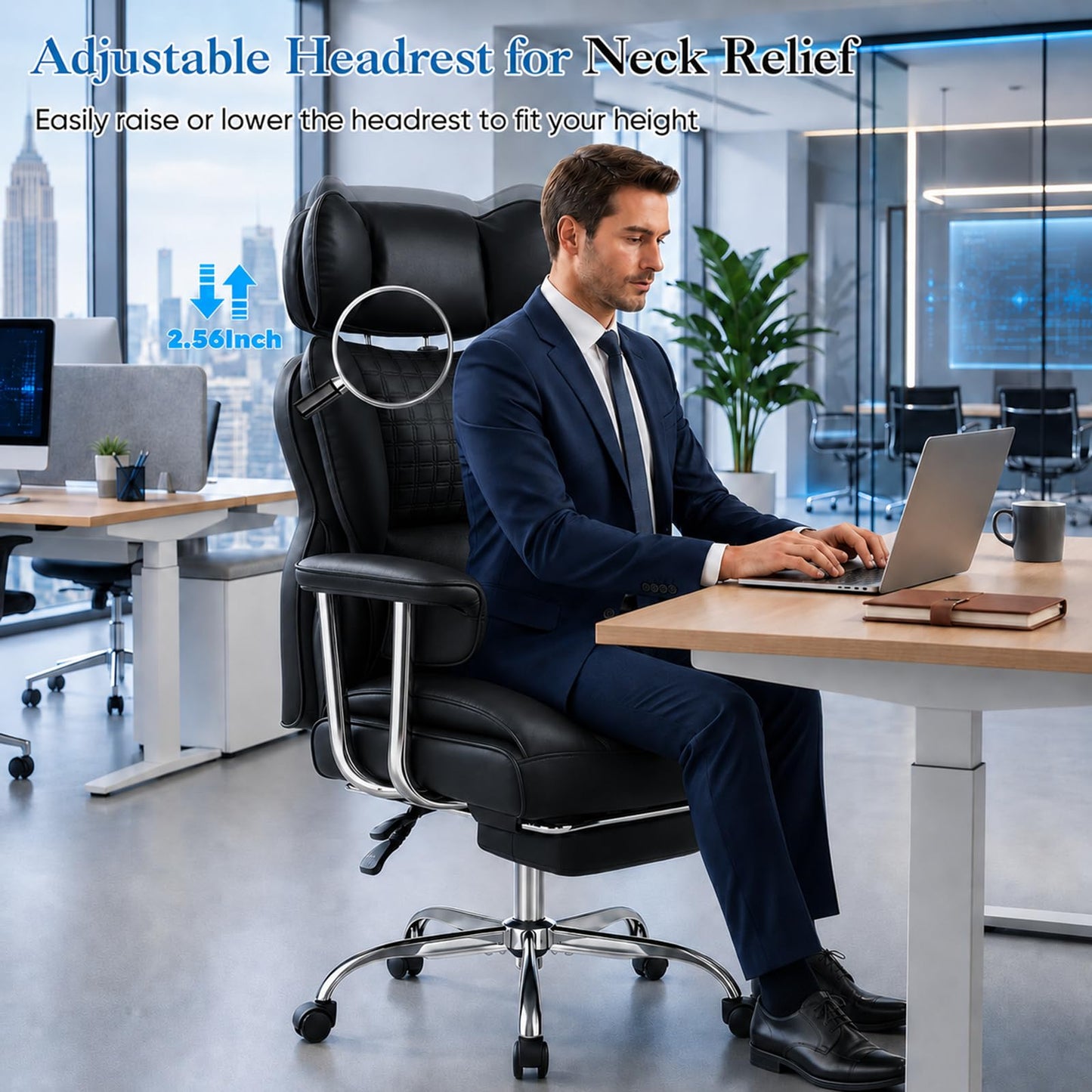 Big and Tall Office Chair 350 LBS, Scratch-Resistant PU Leather Executive Office Desk Chair with Footrest, Ergonomic Reclining Computer Chair with Pocket Spring Support for Home Office, Black