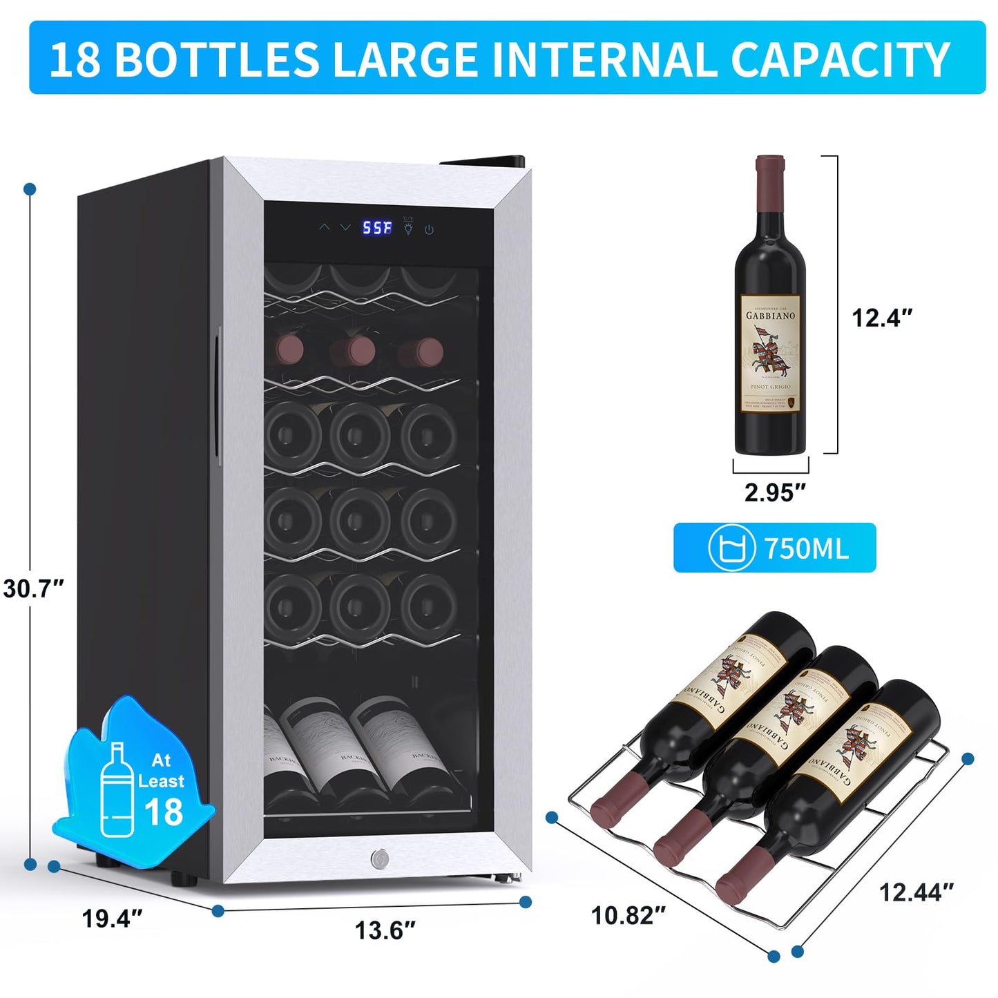 Tecnolove 18 Bottle Wine Cooler, 38-65°F Digital Temperature Control, 1.7 Cu.Ft Compact Wine Fridge, Freestanding Stainless Steel Glass Door with LED Light, Quiet Compressor for Red White Wine