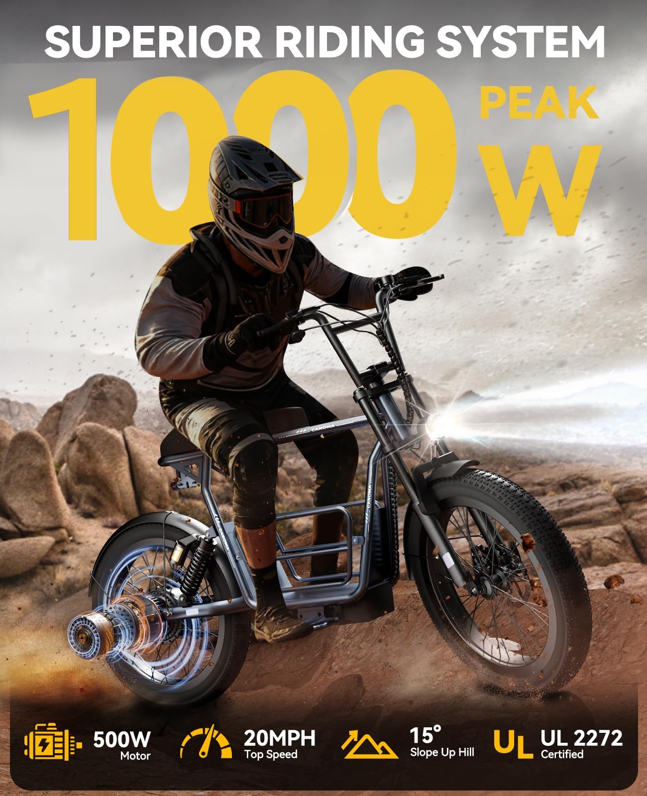 Caroma Electric Scooter for Adults with Seat Peak 1000W, 20" All-Terrain Fat Tire Electric Bike,Dual Shock Absorbing, 25 Miles & 20MPH Top Speed E-Scooter with Basket for Pet&Cargo,Gray