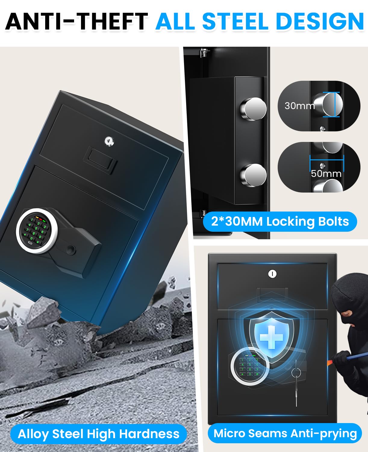 2.8 Cuft Safe Box for Home Documents, Anti-Theft Home Safe with Fireproof Bag, Drawer, Digital Backlit Keypad, Spare Key, Smart Alarm & Mute Function, Safes for Home Office of Money Valuable Jewelry