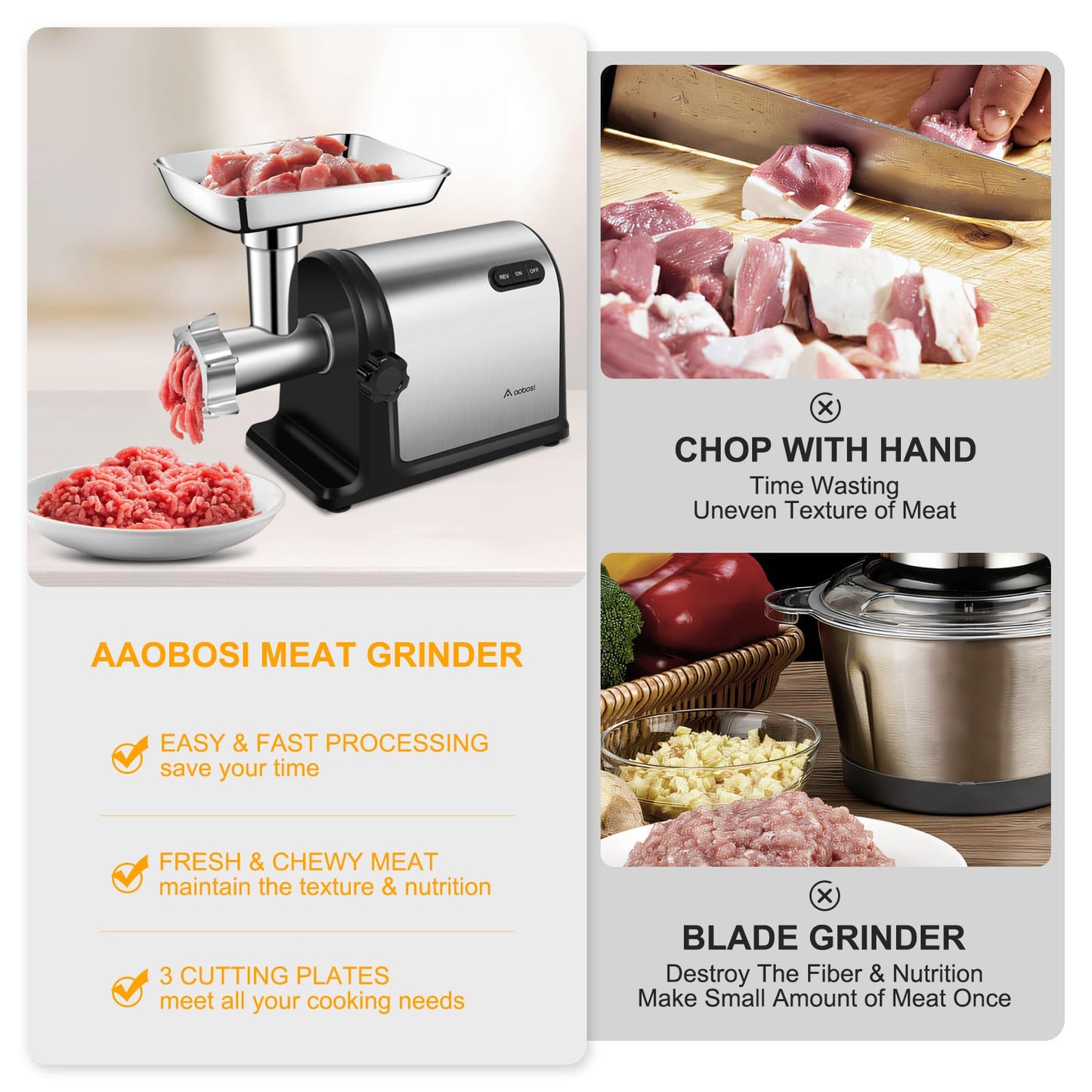 AAOBOSI Heavy Duty Stainless Steel Meat Grinder | 3000W Max | 3 Plates | 3 Sausage Stuffers | Stainless Steel Blade | Kubbe Maker | One-Button Control