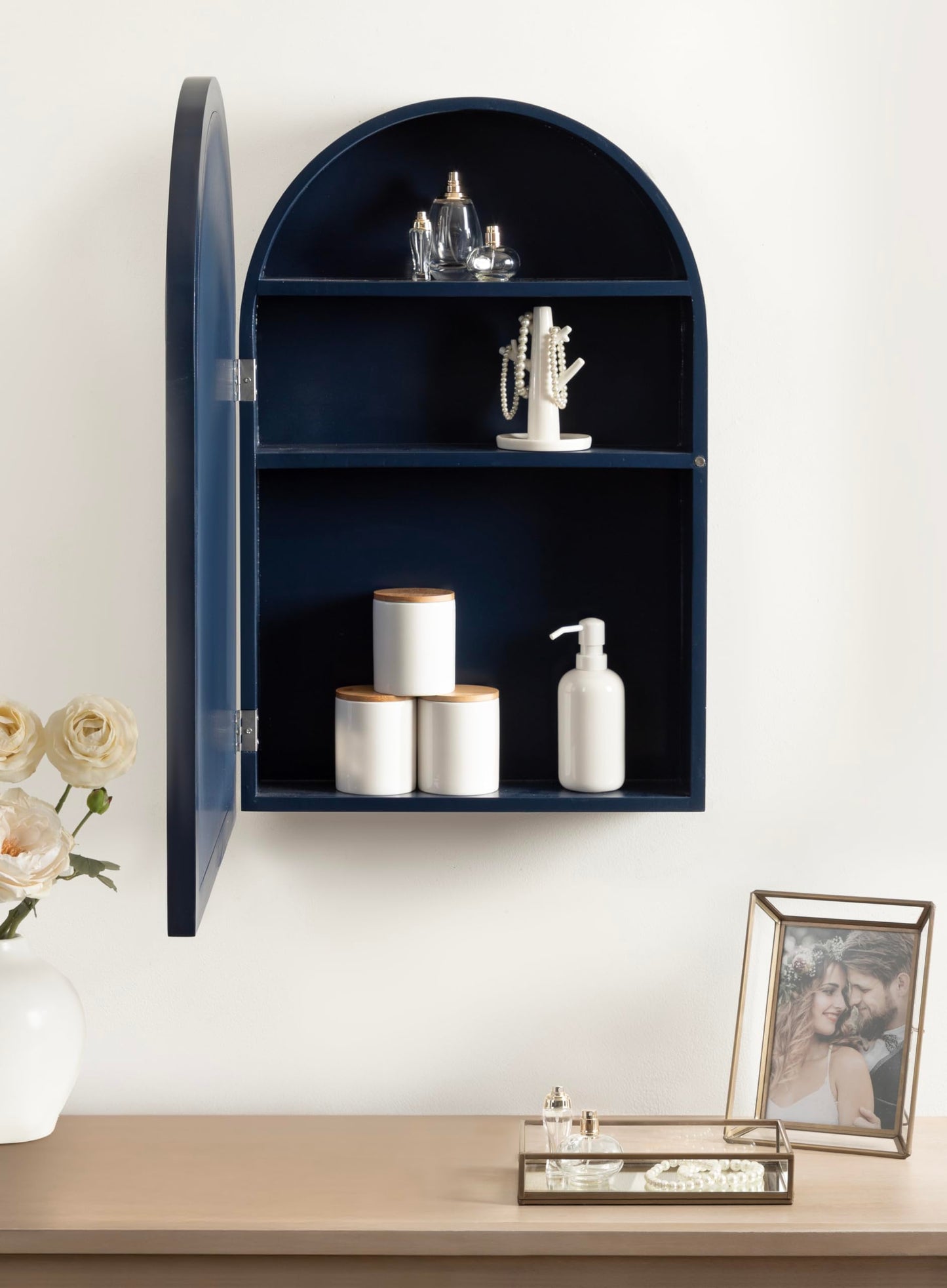 Kate and Laurel Arcott Modern Arched Bathroom Cabinet with Mirror, 20 x 6 x 30, Navy Blue, Coastal Wooden Bathroom Mirror with Storage for Bath Medicine Cabinet or Over-the-Toilet Storage Option