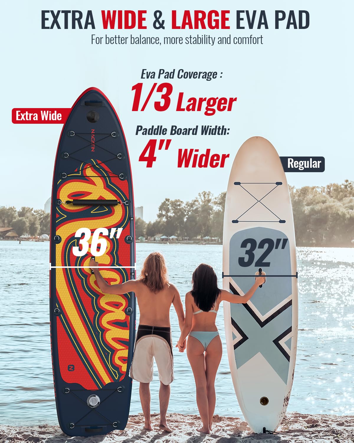 NACATIN 12' Extra Large Inflatable Stand Up Paddle Board with Seat, Wide 36" SUP Board for Adults & Family, with Single/Double Paddle, Kayak Seat, Pump, Stable Wide Deck for Beginners, Lake and River