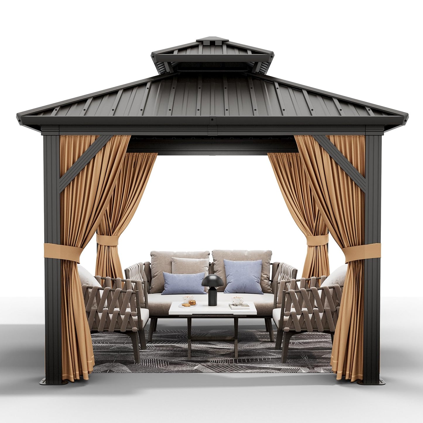 GarveeLife 10x10 ft Hardtop Gazebo, Aluminum Double Roof Gazebos with Netting and Curtains, Outdoor Permanent Gazebo for Garden, Patio, Backyard, Deck, Lawns (Brown, 10x10 ft)