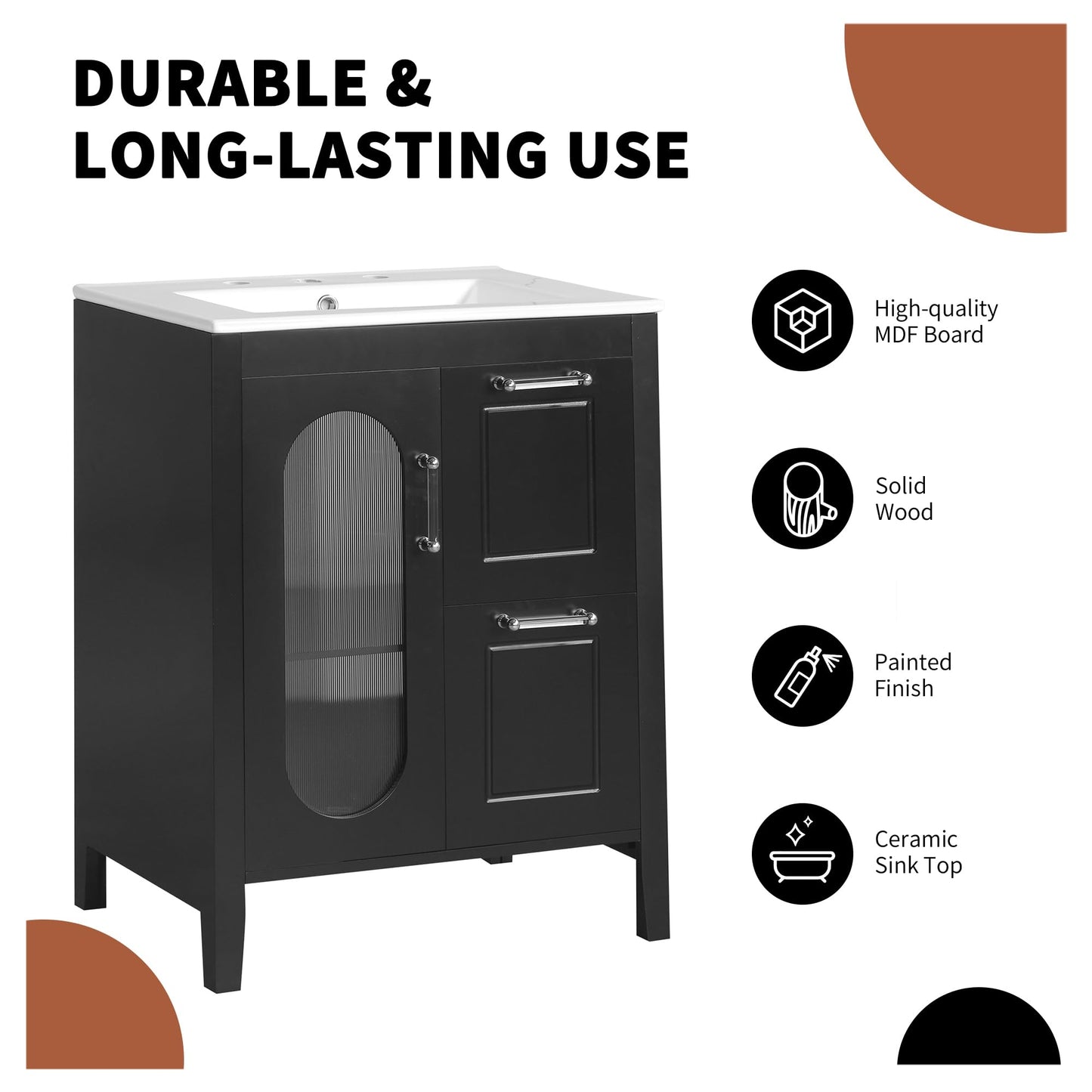 24" Bathroom Vanity with Sink Set, Storage Cabinet with Moru Glass and Two Drawers, Adjustable Shelf, Black