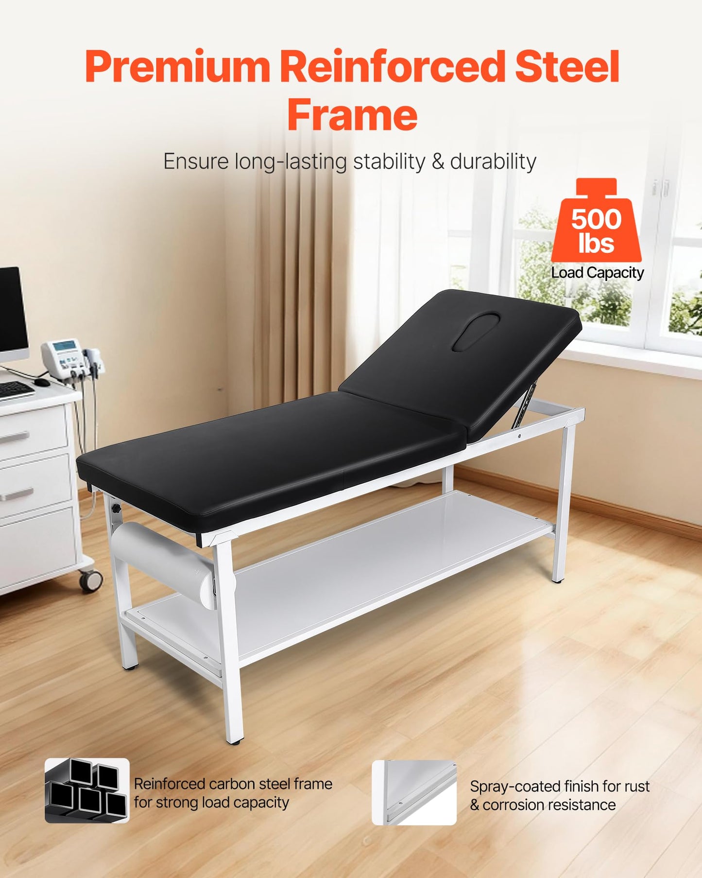 VEVOR Medical Exam Table, 500LBS Loading Medical Examination Bed with 0°–40° Adjustable Backrest, Physical Therapy Exam Table with Storage Shelf & Paper Roll Dispenser for Hospital Clinic Rehab Center