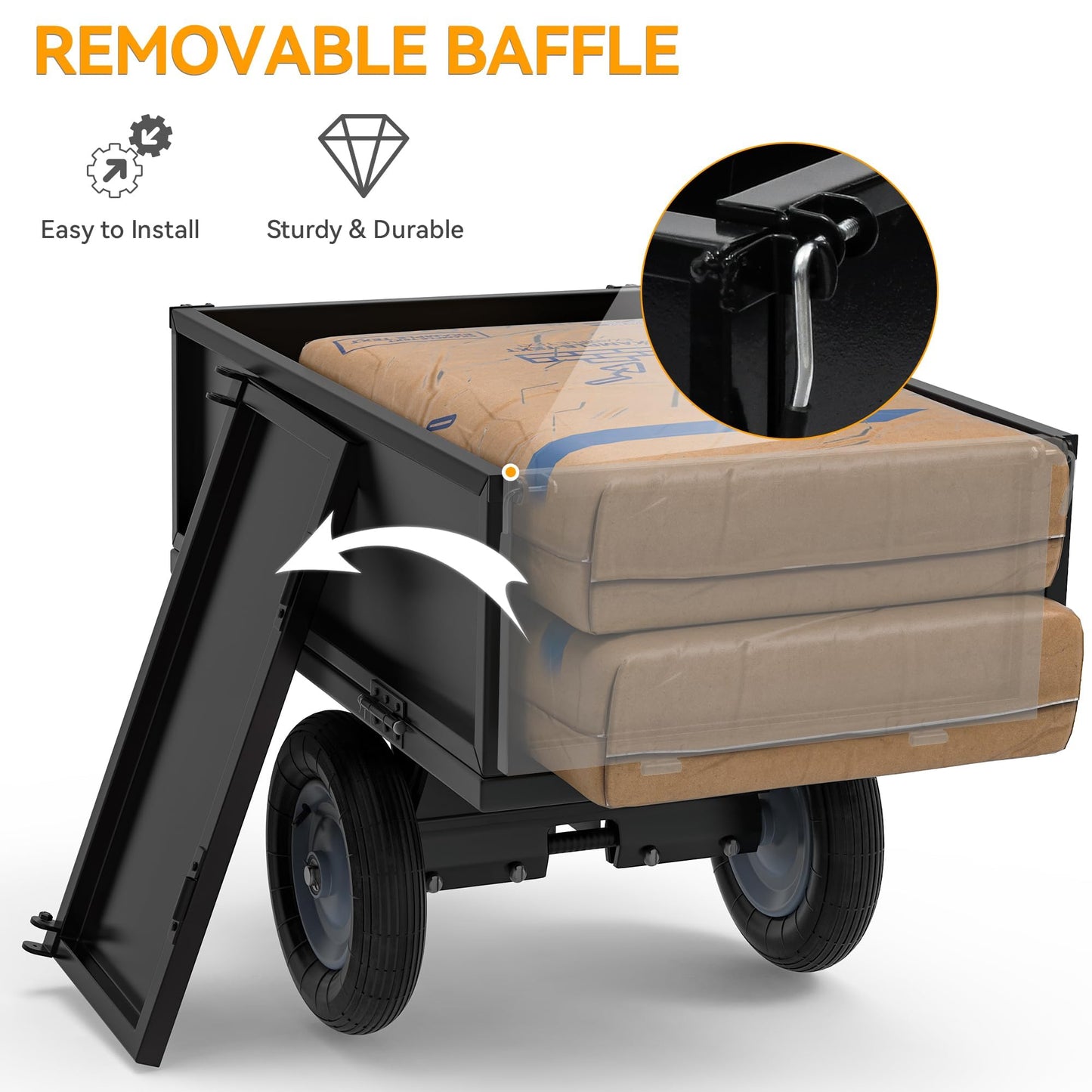 YINTATECH ATV Trailer Steel Dump Cart,Heavy Duty Pull Behind Dump Trailer with Fold-Down Side Panels, Yard Garden Utility Trailer for Lawn Mower Trailer Tractor, Alloy Steel, Black