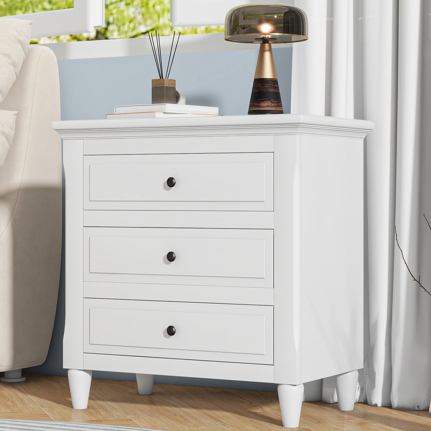 Knocbel Modern Nightstand with 3 Storage Drawers, Solid Wood Bedside Night Stand Sofa Side End Table, Fully Assembled (White)
