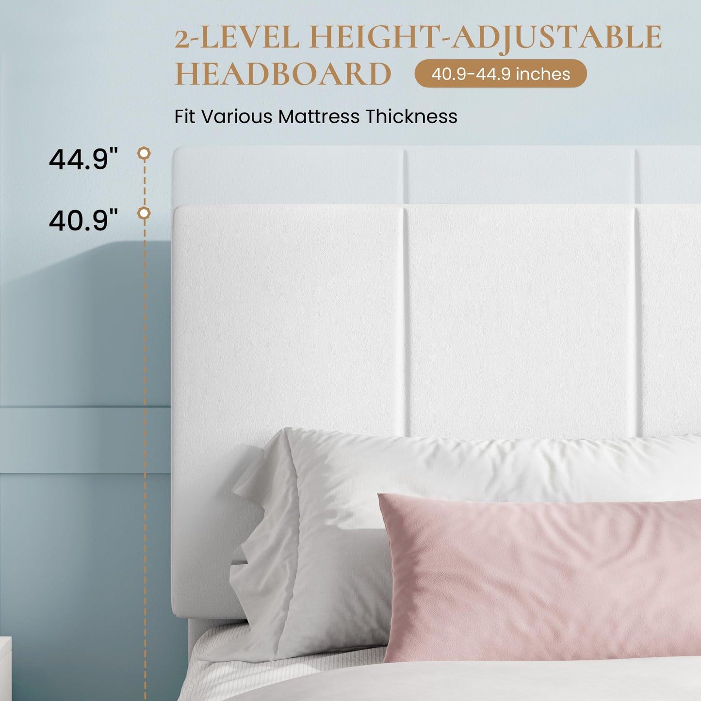 SHA CERLIN Queen Bed Frame, Velvet Upholstered Platform Bed Frame, Vertical Channel Tufted Adjustable Headboard, Low Profile Bed Frame, No Box Spring Needed, Easy Assembly, White