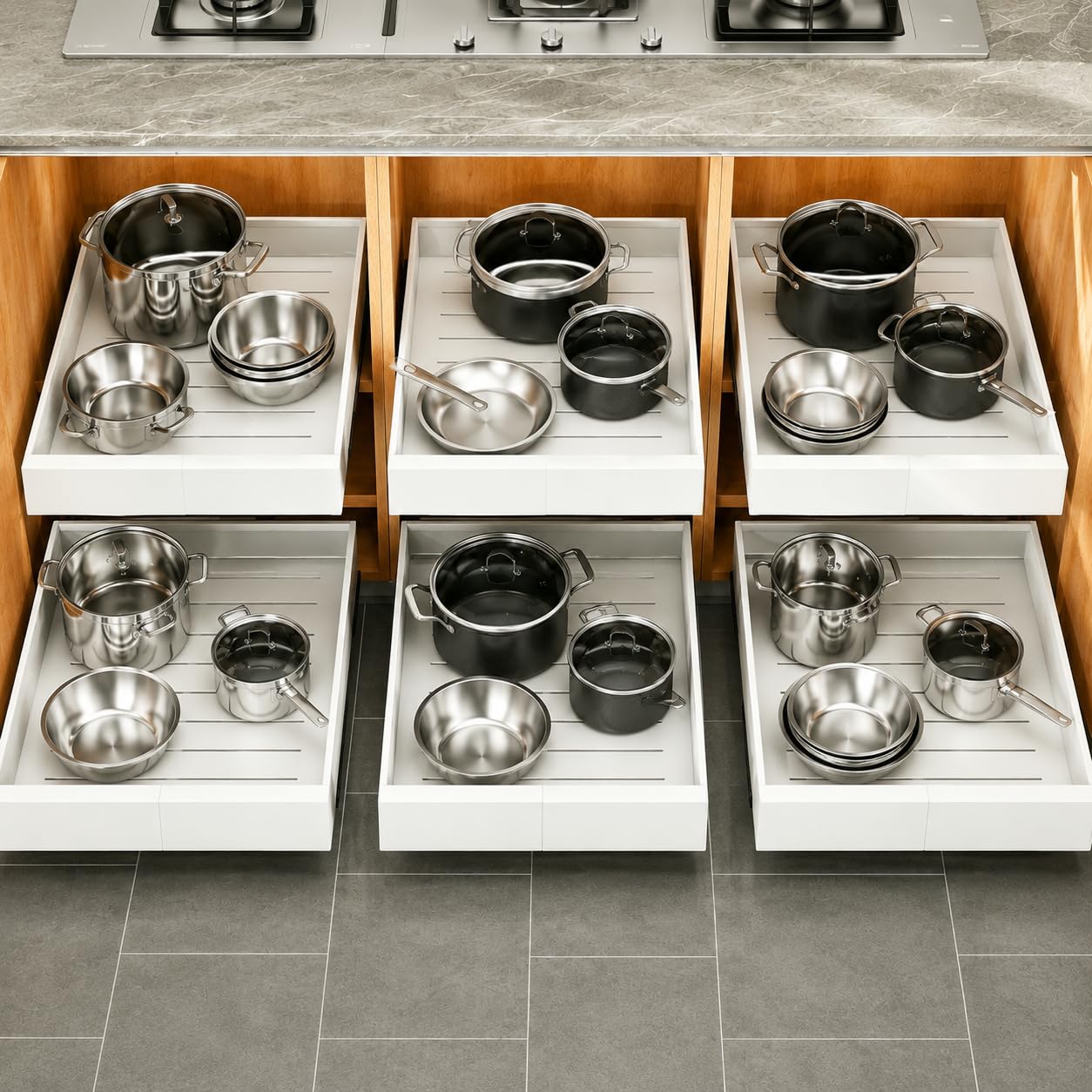 Pull out Cabinet Organizer, 6-pack, Expandable(12"-20") Heavy Duty Slide out Drawers Fixed with Adhesive Nano Film for Pots, Roll out Shelf Storage for Kitchen Base Cabinet Organization(3 Rails)