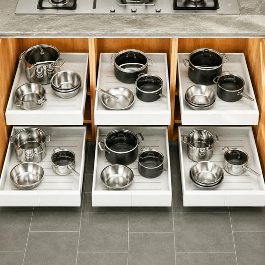 Pull out Cabinet Organizer, 6-pack, Expandable(12"-20") Heavy Duty Slide out Drawers Fixed with Adhesive Nano Film for Pots, Roll out Shelf Storage for Kitchen Base Cabinet Organization(3 Rails)