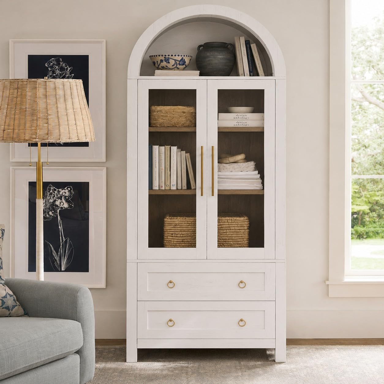 Merax 71" Tall Arched Bookcase with Glass Doors & 2 Drawers, Modern Farmhouse Storage Cabinet for Home Office, Living Room, Adjustable Shelves, Wood Bookshelf, White
