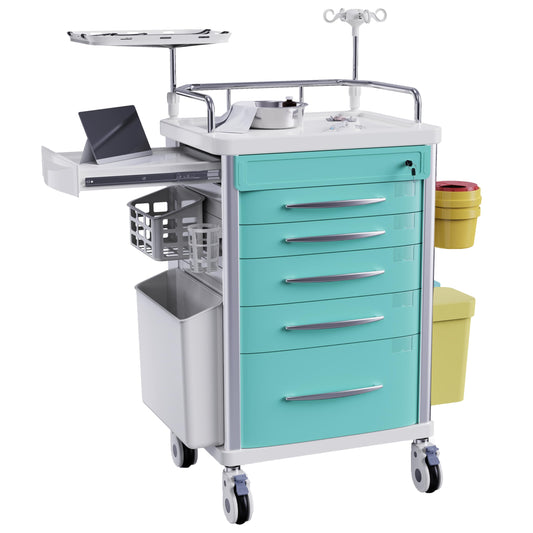 OLERN Rolling Crash Cart Medical with Drawers - Adjustable IV Pole, Silent Casters, Needle Disposal Holder, Trash Bin, O2 Holder, Utility Trolley Cart for Clinic, Hospital, Salon, Lab