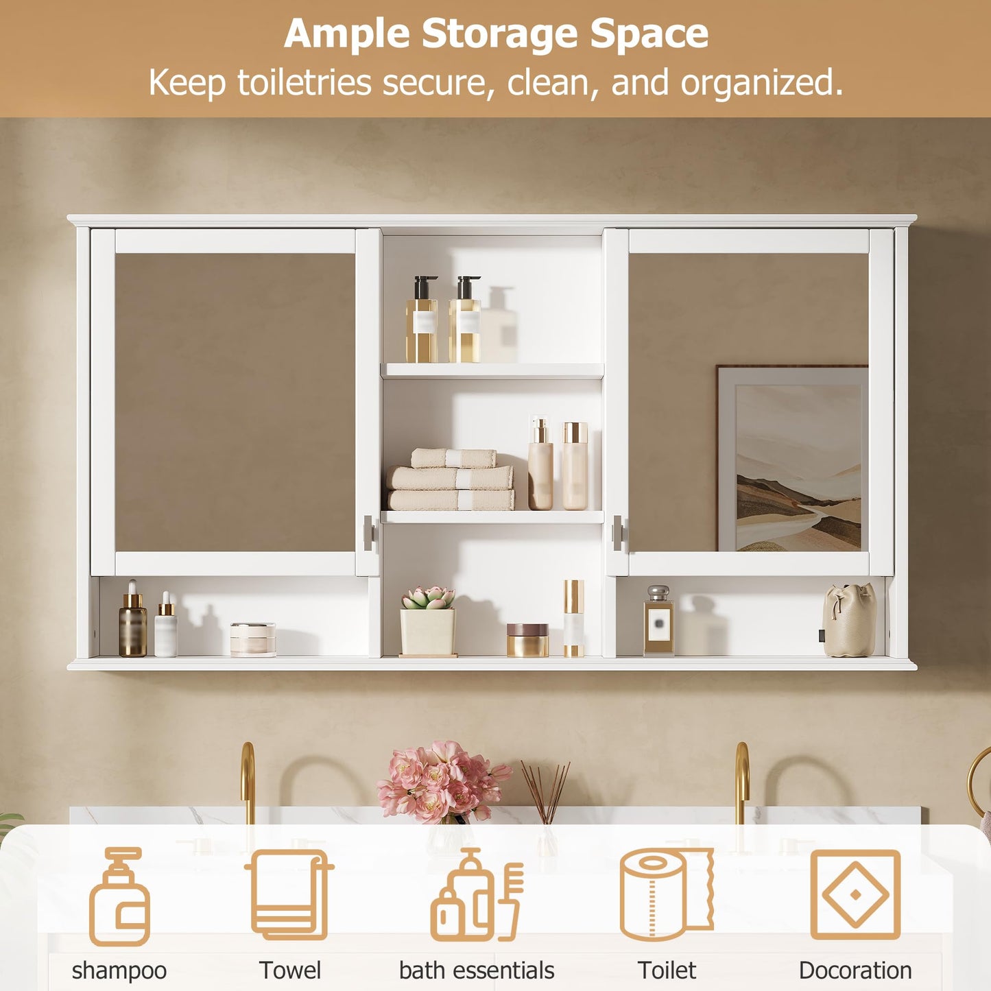 Marzzi 55"x28" Bathroom Medicine Cabinet with Mirror, Wall Mounted Bathroom Storage Organizer with 5 Open Shelves & Adjustable Interior for Master Bath & Power Room, Painted Finish
