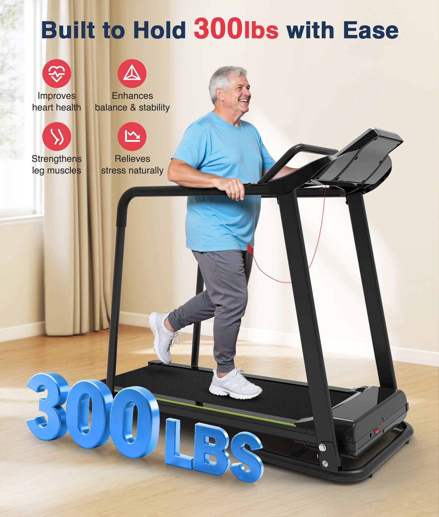 Redliro Walking Treadmill for Seniors with Long Handrails - 0.3 MPH Slow Start, 300 lb Capacity Recovery Foldable Treadmill for Home, 0–2% Incline Fully Flat, Auto Lubrication