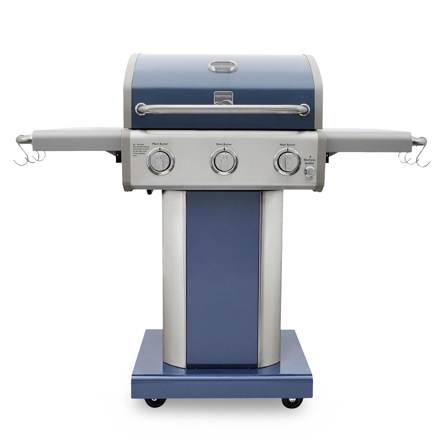 Kenmore 3-Burner Propane BBQ Grill, 30,000 BTUs Gas Grill with Cast Iron Cooking Grates, Folding Side Tables & Wheels, Outdoor Grill with Tool Hooks, Azure Blue