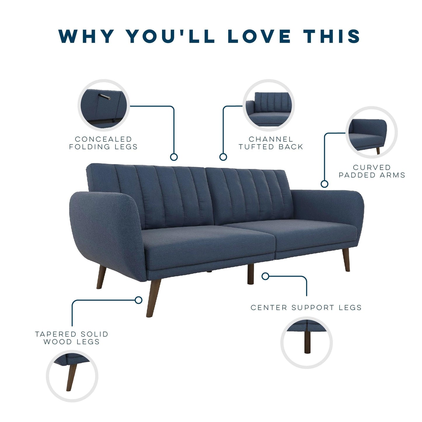 Novogratz Brittany Sofa Futon, Premium Linen Upholstery and Wooden Legs, Blue Linen