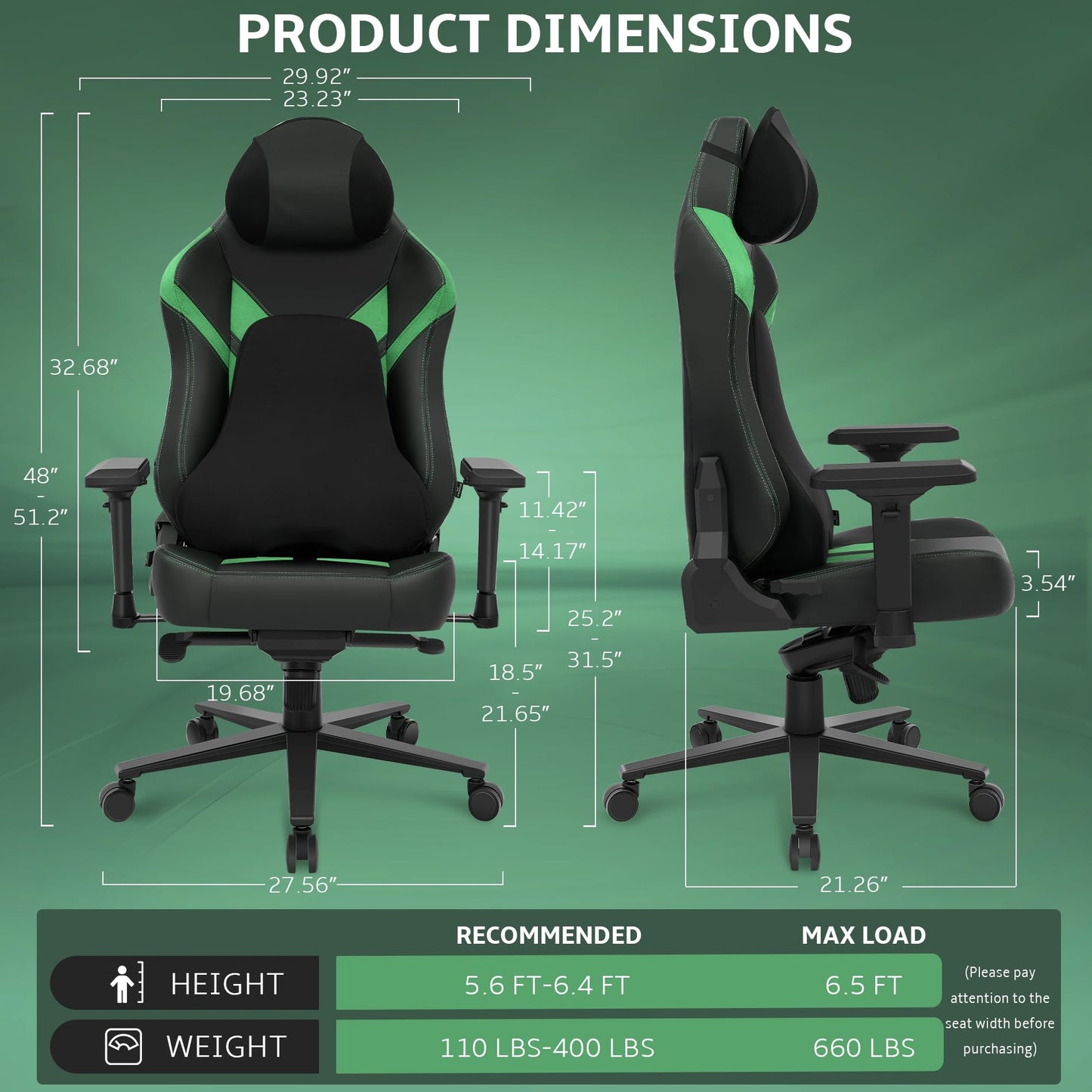 Ergonomic Gaming Chair, Wyrdforging Computer Desk Chairs, 4D Armrests, High Back Office Chair With Headrest & Lumbar Pillow, Tilt Rocker Recliner, Heavy-Duty Base, Black PU Leather & Green Suede Combo