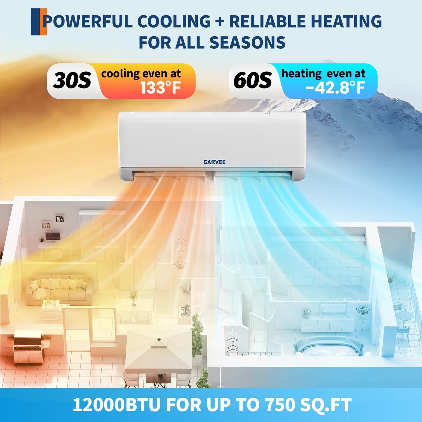 Garvee 12000 BTU Mini Split AC & Heat Pump, 208-230V 18.5 SEER2 Air Coditioner with Heating and Buit in WiFi, APP Control, Compatible with Alexa, Cools Heat Room Up to 750 Sq.ft