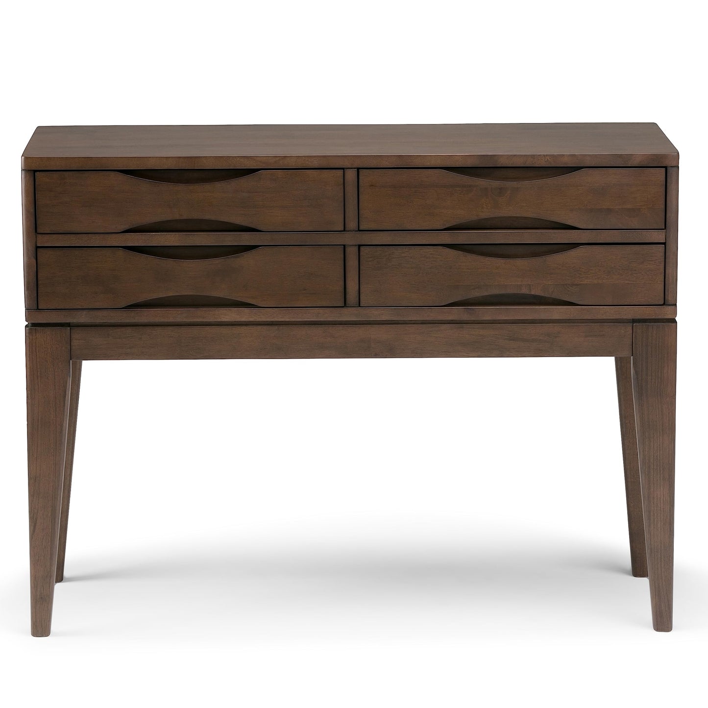 SIMPLIHOME Harper Console Table - 40 Inch Wide Solid Hardwood Sofa Table in Walnut Brown, Mid-Century Modern Storage Table for Entryway or Living Room with 4 Drawers, Notched Handles, and Tapered Legs
