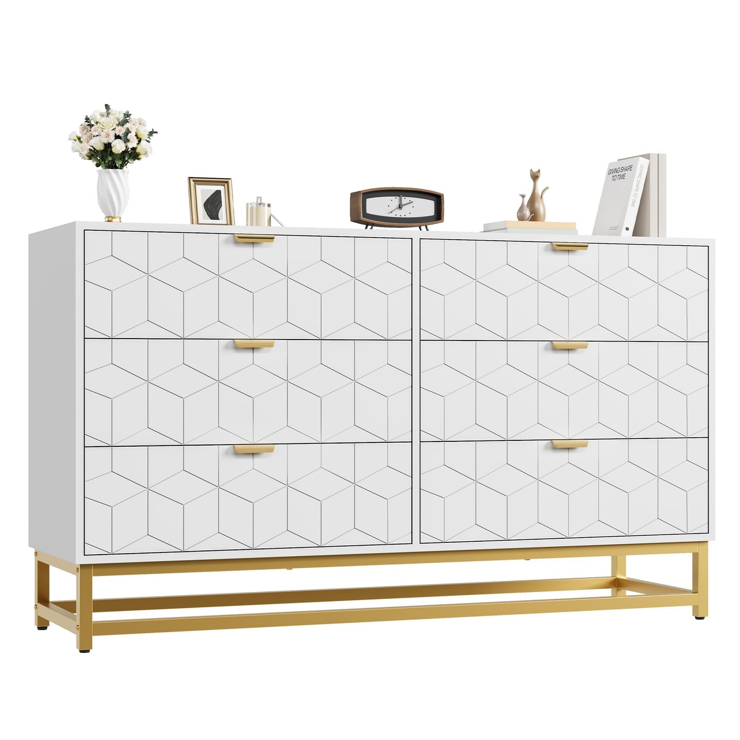 IDEALHOUSE White 6 Drawer Dresser for Bedroom, 53.5” Large Dresser with Metal Legs, Modern Chest Organizer with Wide Storage, Chest of Drawers for Bedroom, Living Room, Entryway