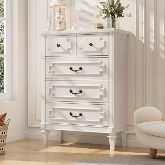 BOSHIRO 5 Drawer Dresser for Bedroom, 44" Tall Dresser & Chest of Drawers wtih Vintage Surface, Closet Storage Cabinet for Living Room, White