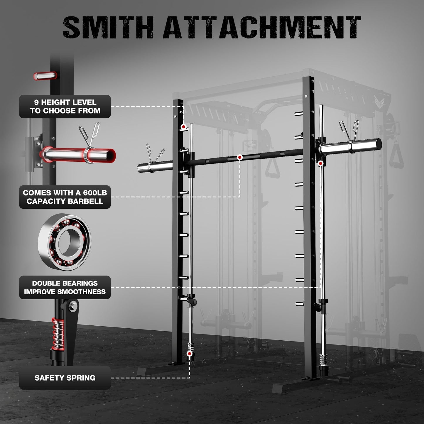 JELENS M21 Smith Machine, Multi-Function Power Cage with Dual Pulley Cable Crossover System, 2000LBS All-in-One Squat Rack with Smith Bar and Attachments (Black, M21 Home Gym Package)