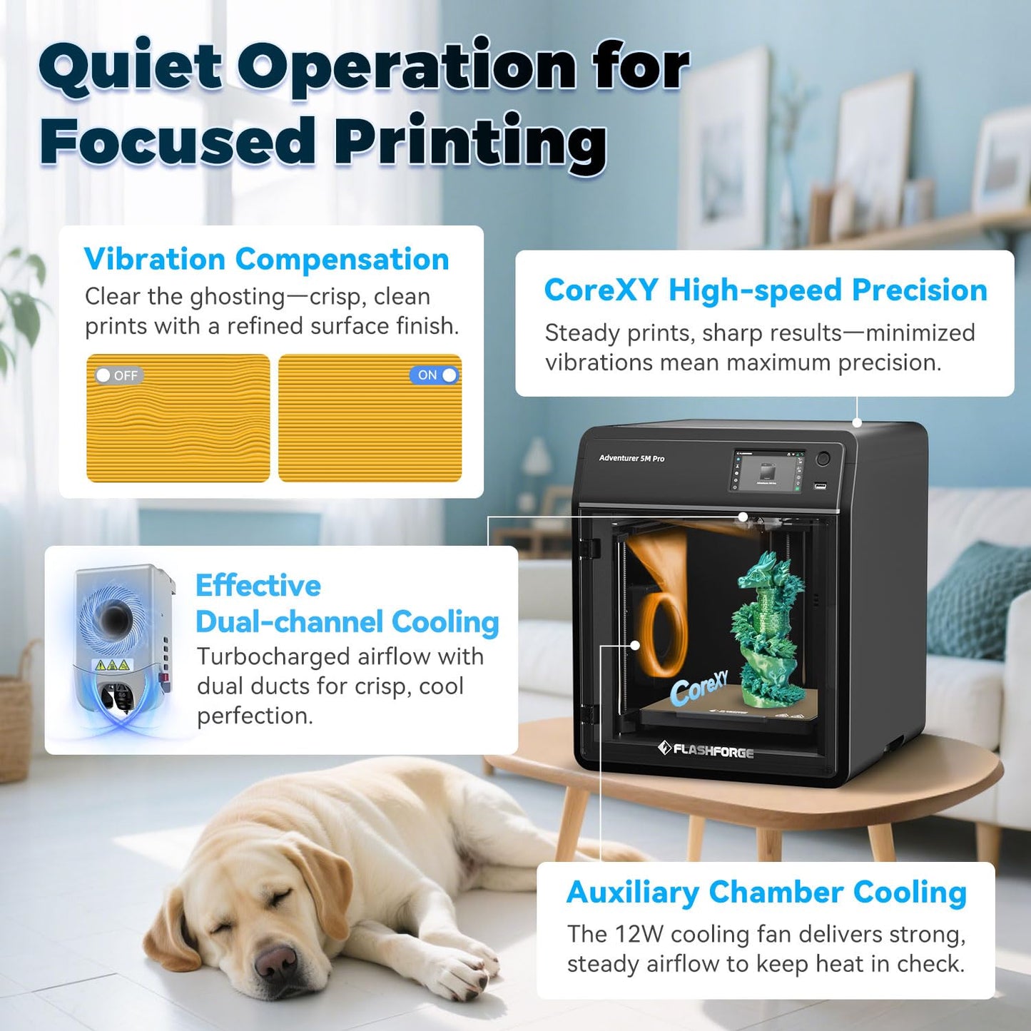 FLASHFORGE 3D Printer AD5M Pro with 250g PLA, 600mm/s High Speed CoreXY High Precision Printing, 280℃ Quick-Swap 0.4 & 0.6mm Hotend, 50dB Silence and Built-in Camera, Build Volume 220 * 220 * 220mm