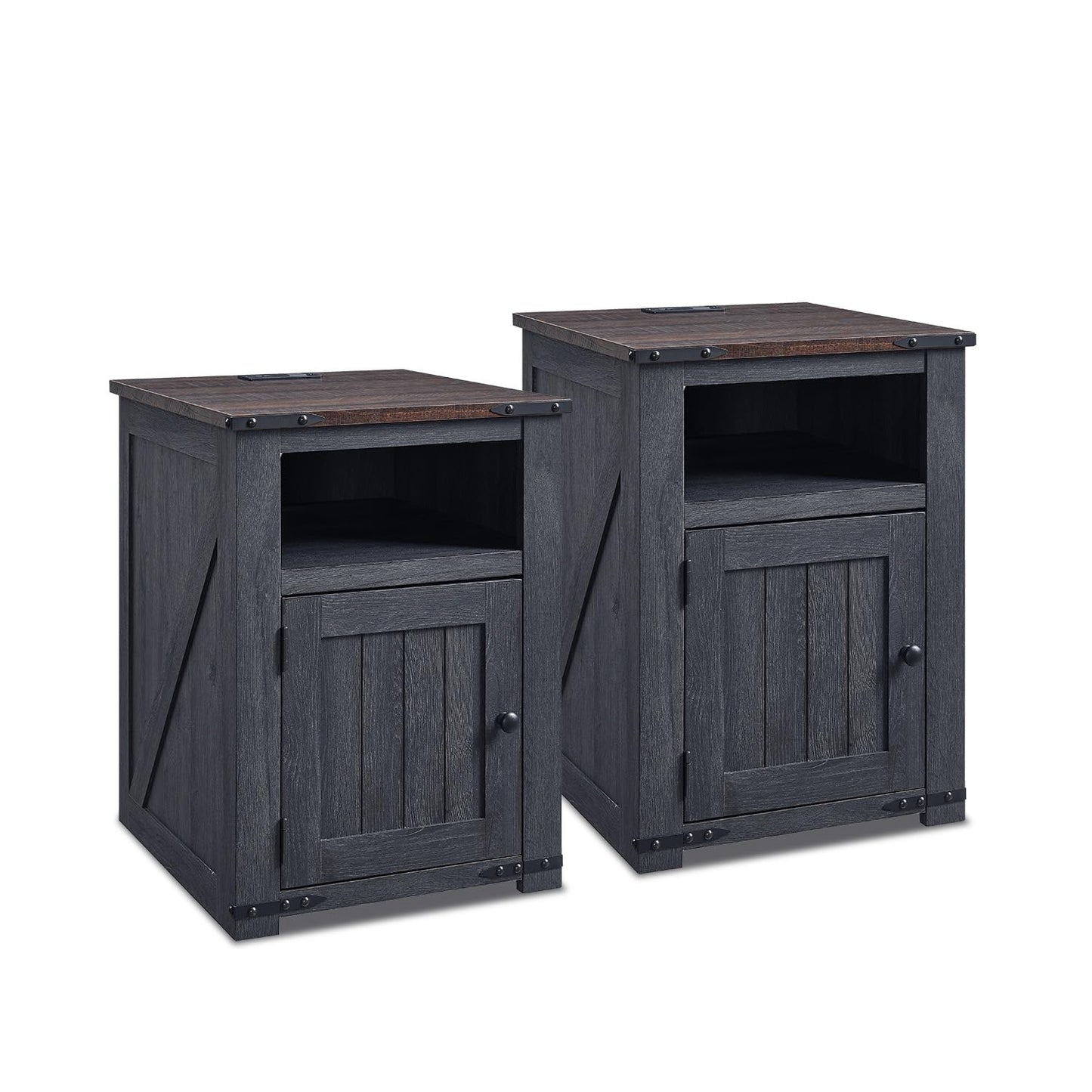 Farmhouse Night Stands Set of 2, 20" End Table w/Charging Station, Rustic Wood Bedside Table w/Groove Barn Door, Side Table with Storage w/Open & Adjustable Shelf for Bedroom, Living Room (Dark Grey)