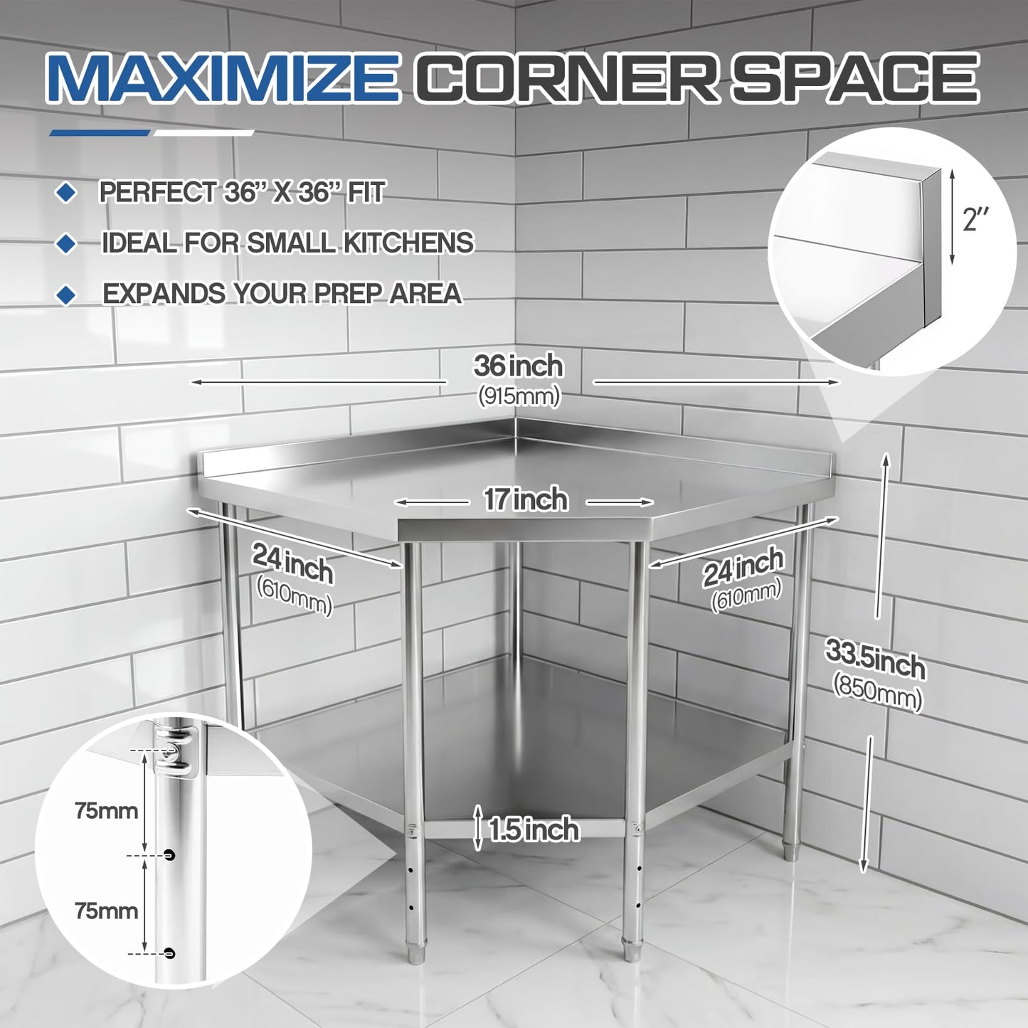 BreezeHug 36" x 36" Stainless Steel Corner Work Table Food Prep Tables for Commercial Kitchen Metal Heavy Duty Cooking Chef Workbench with Backsplash and Adjustable Shelf for Restaurant or Home