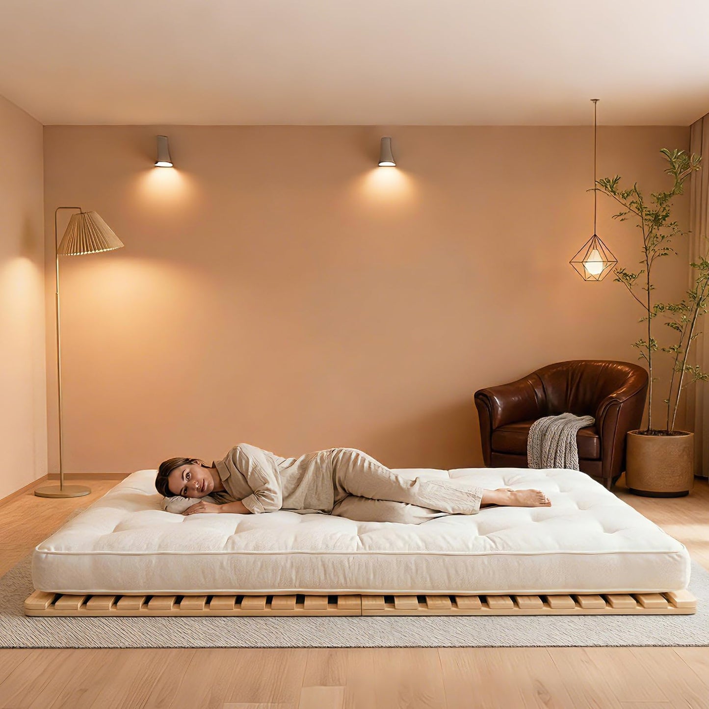 LILYPELLE Floor Bed Frame, Breathable Moisture-Proof Bed Plate, Foldable Tatami Bed Frame, Solid Wood Slatted Floor Bed Frame, Japanese Floor Bed for Floor Sleeping or Futon Mattress, King