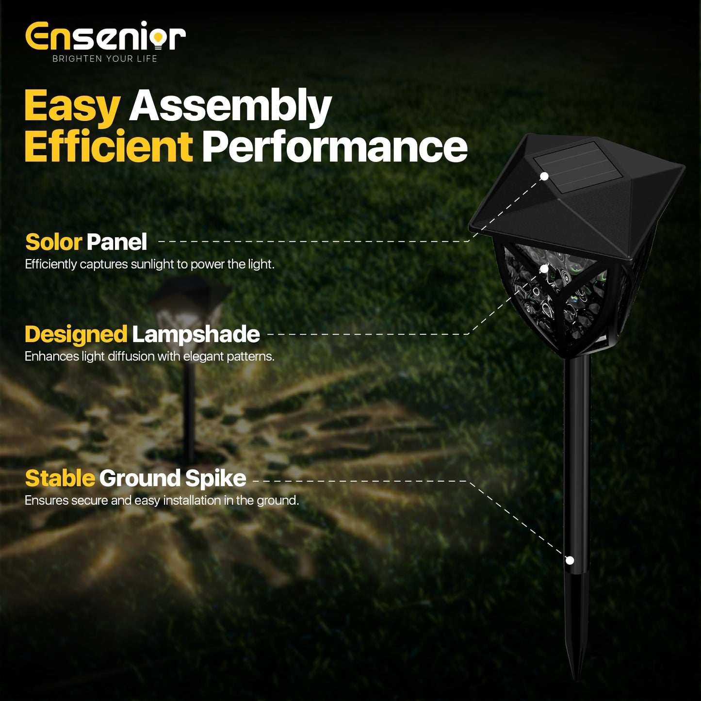 Ensenior Solar Garden Lights - 3000K LED, Waterproof, Black, 6-Pack, Model CP1-9CM-30K-06-BL-ZY-M02
