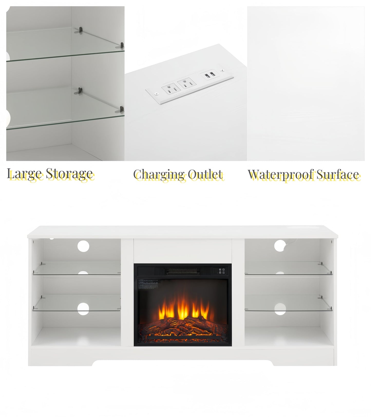 Ball & Cast Fireplace TV Stand with Led and Power Outlets, Entertainment Center with Electric Fireplace for 32"/42"/50"/55"/62" TVs, Modern TV Media Console with Glass Storage Shelves,White