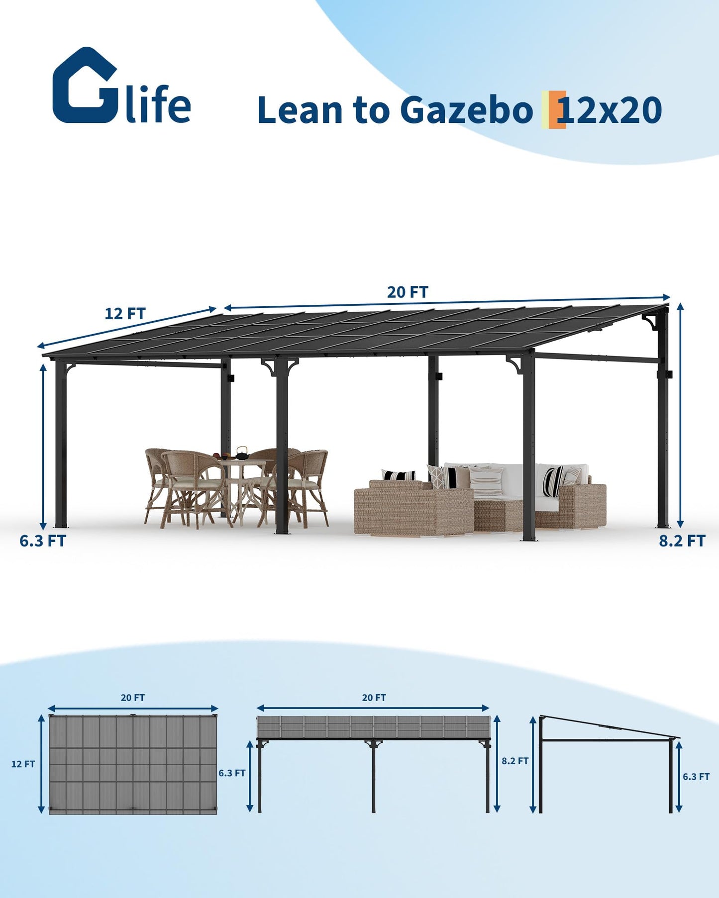 GarveeLife 12 ft x20 ft Upgraded Lean-to Wall-Mounted Gazebo | 6 mm Polycarbonate Roof & Reinforced Aluminum Frame | All-Weather Hardtop Pergola for Patio, Deck, Backyard