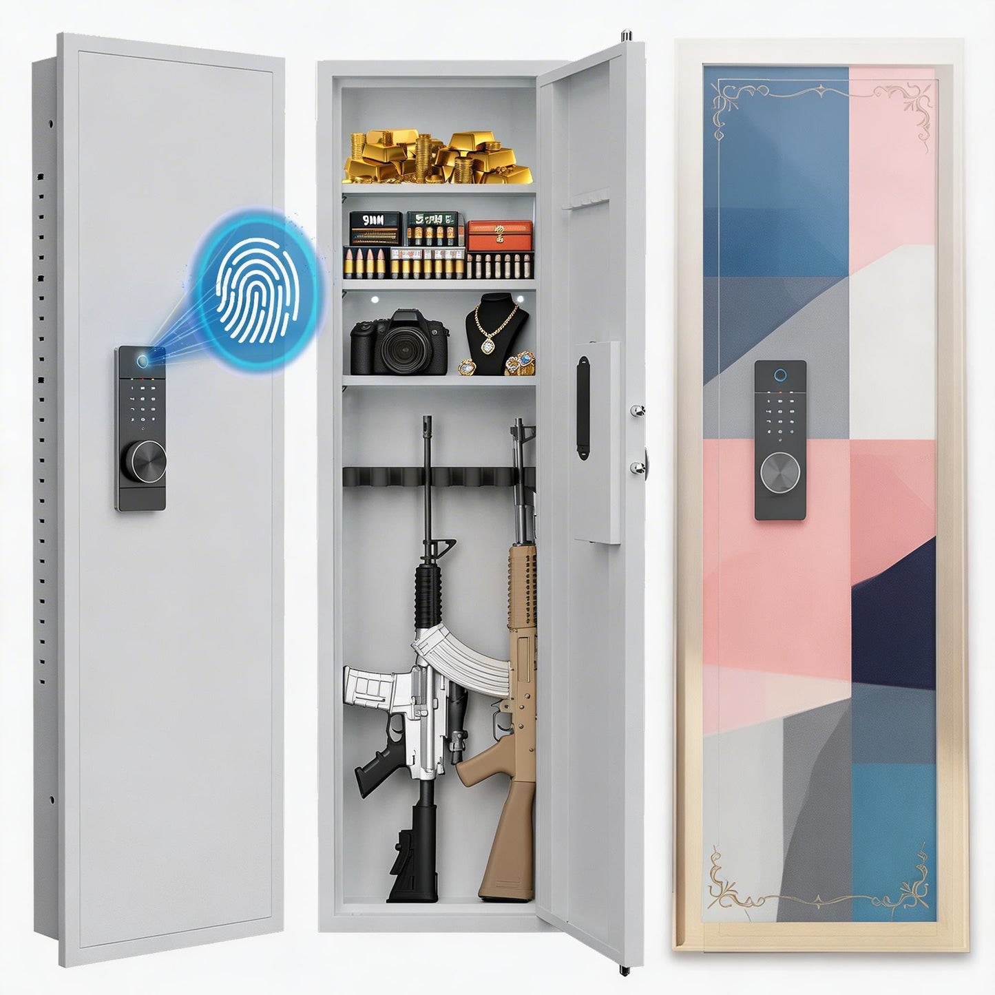 53.15" Hidden In-Wall Gun Safe with Fingerprint & Digital Keypad, Fireproof Heavy Duty Alloy Steel Wall Mounted Safe, Concealed Security Cabinet for Rifles, Pistols, Cash & Jewelry, White